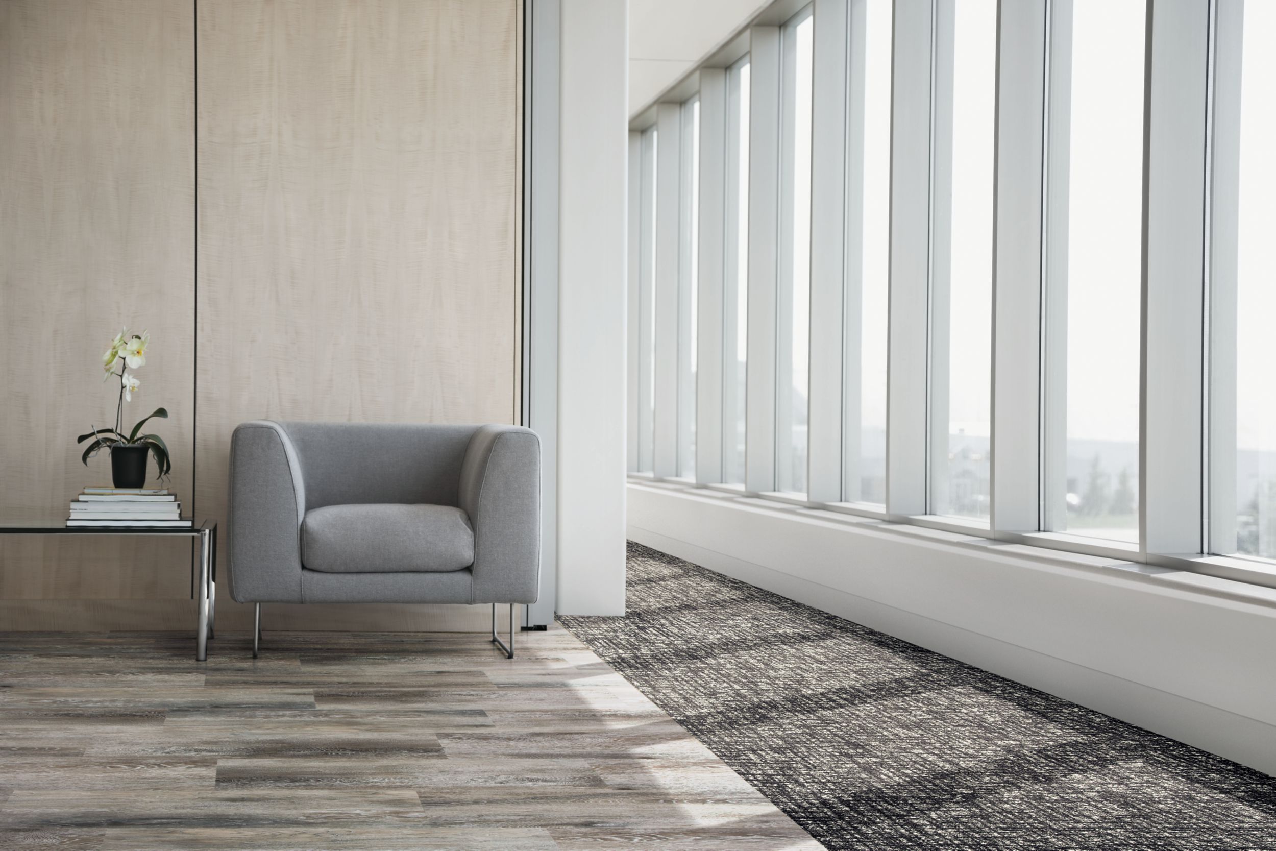 Interface Textured Woodgrains LVT and WW890 carpet tile in Lobby Setting with chair and table número de imagen 7